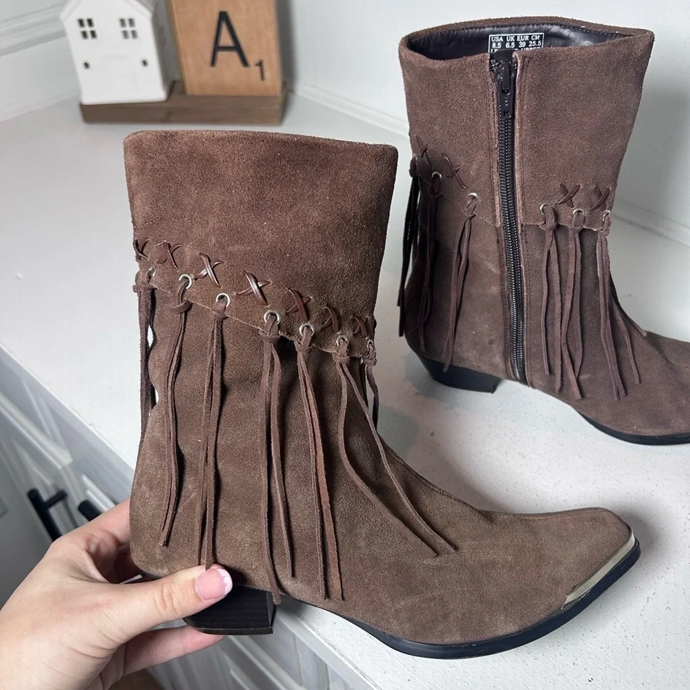 Oak Tree Farms Brown Suede Fringe Ankle Boots Women’s 8.5 Western Boho Side Zip